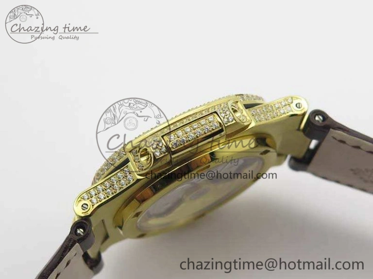 NewStyle Nautilus Jumbo 5711 YG Full Paved Diamonds White Dial On Brown Croc Leather Strap A 9023