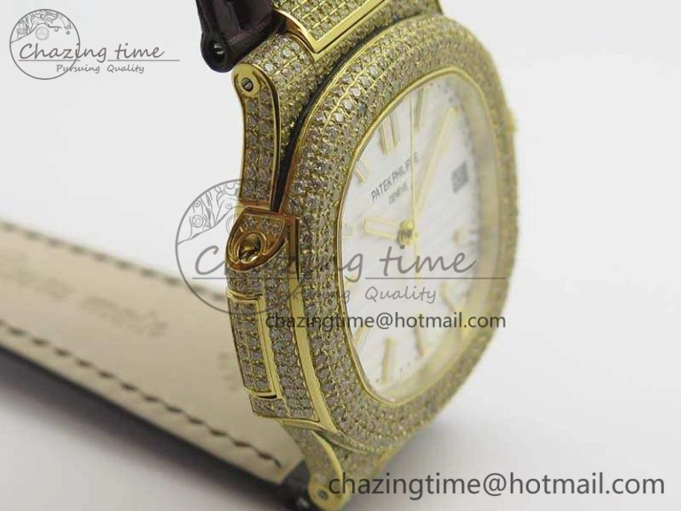 NewStyle Nautilus Jumbo 5711 YG Full Paved Diamonds White Dial On Brown Croc Leather Strap A 9023