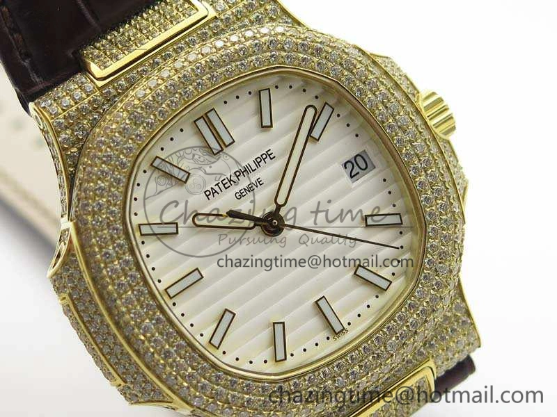 NewStyle Nautilus Jumbo 5711 YG Full Paved Diamonds White Dial On Brown Croc Leather Strap A 9023