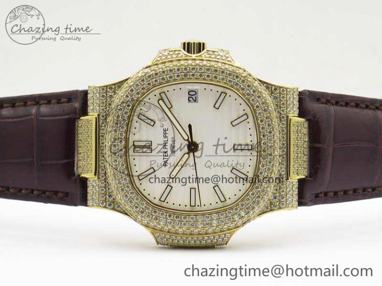 NewStyle Nautilus Jumbo 5711 YG Full Paved Diamonds White Dial On Brown Croc Leather Strap A 9023