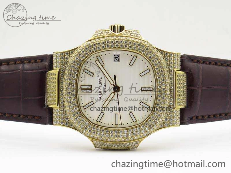 NewStyle Nautilus Jumbo 5711 YG Full Paved Diamonds White Dial On Brown Croc Leather Strap A 9023