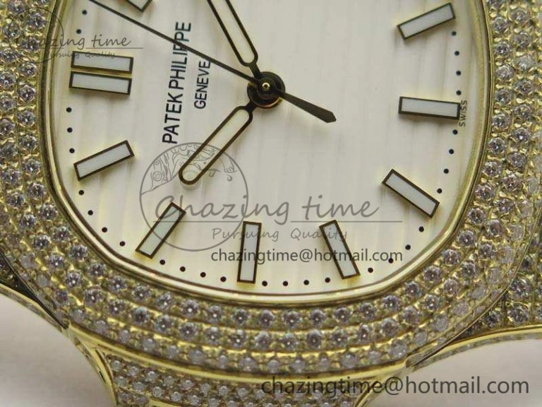NewStyle Nautilus Jumbo 5711 YG Full Paved Diamonds White Dial On Brown Croc Leather Strap A 9023
