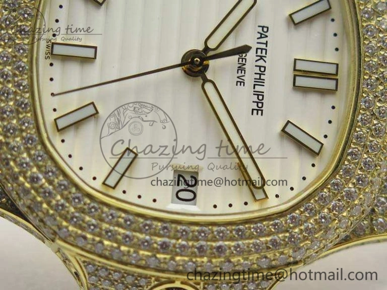 NewStyle Nautilus Jumbo 5711 YG Full Paved Diamonds White Dial On Brown Croc Leather Strap A 9023