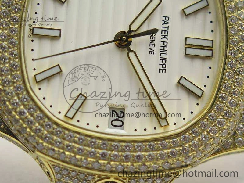 NewStyle Nautilus Jumbo 5711 YG Full Paved Diamonds White Dial On Brown Croc Leather Strap A 9023