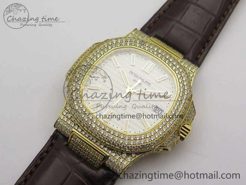 NewStyle Nautilus Jumbo 5711 YG Full Paved Diamonds White Dial On Brown Croc Leather Strap A 9023