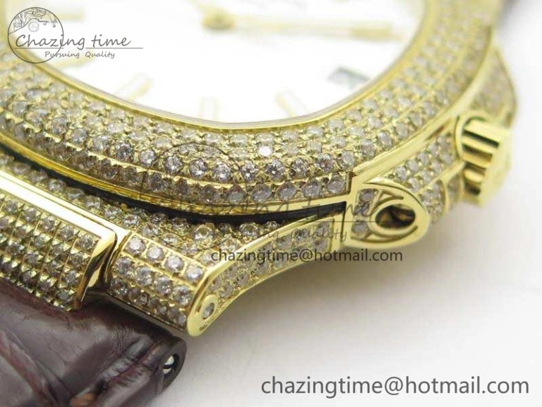 NewStyle Nautilus Jumbo 5711 YG Full Paved Diamonds White Dial On Brown Croc Leather Strap A 9023