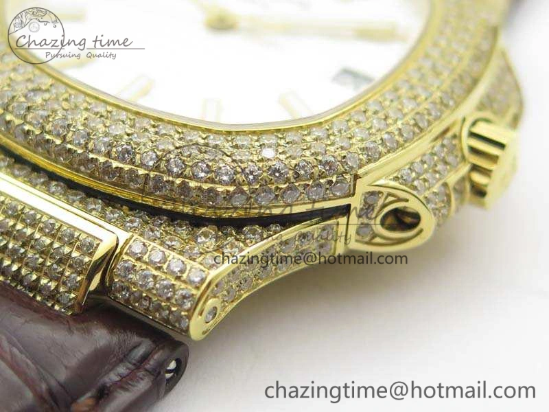 NewStyle Nautilus Jumbo 5711 YG Full Paved Diamonds White Dial On Brown Croc Leather Strap A 9023