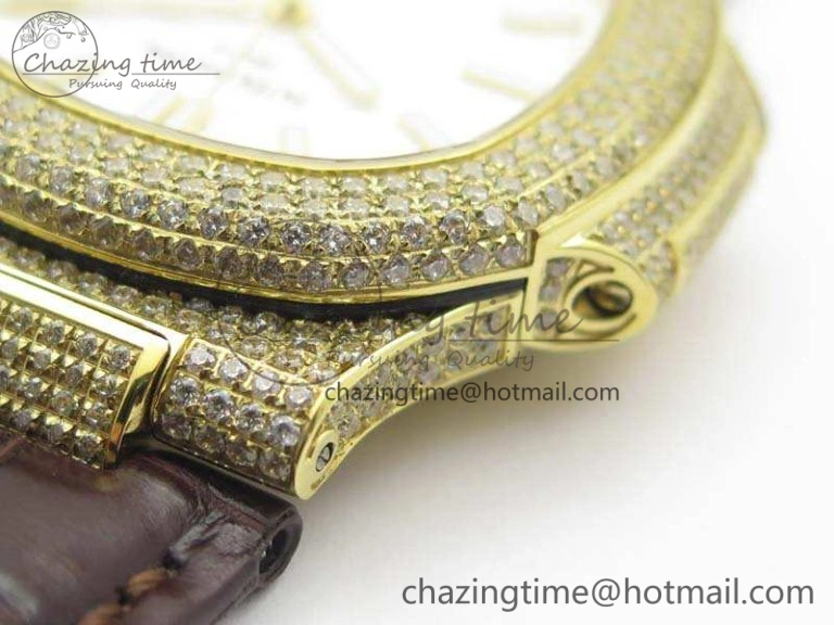 NewStyle Nautilus Jumbo 5711 YG Full Paved Diamonds White Dial On Brown Croc Leather Strap A 9023
