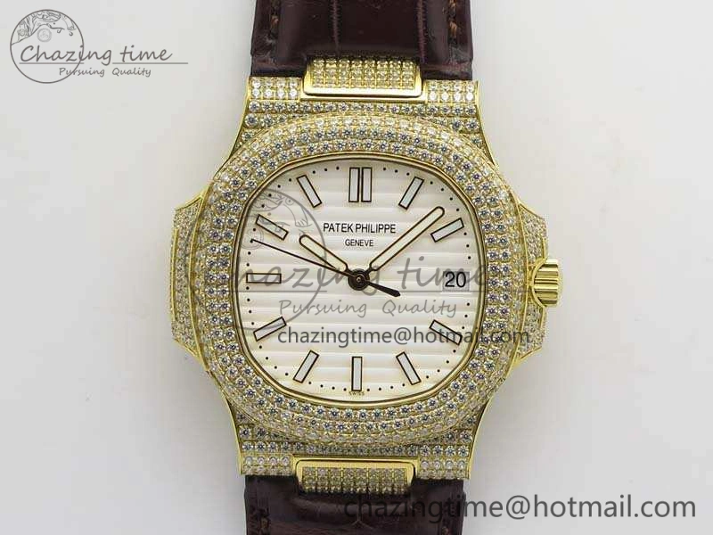 NewStyle Nautilus Jumbo 5711 YG Full Paved Diamonds White Dial On Brown Croc Leather Strap A 9023