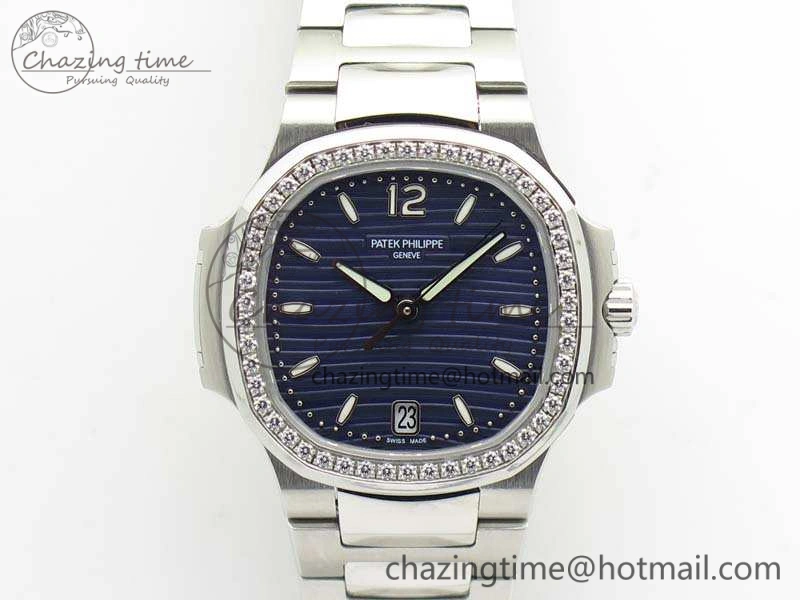 Vibrant Nautilus Jumbo Ladies 7018 PF 1:1 Best Edition Blue Dial Diam Bezel On SS Bracelet A324 Clone 9028