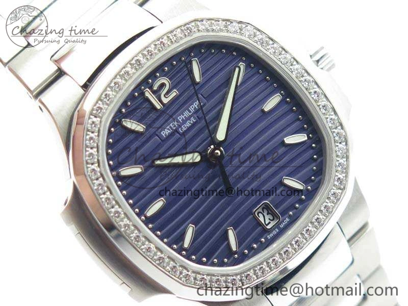 Vibrant Nautilus Jumbo Ladies 7018 PF 1:1 Best Edition Blue Dial Diam Bezel On SS Bracelet A324 Clone 9028