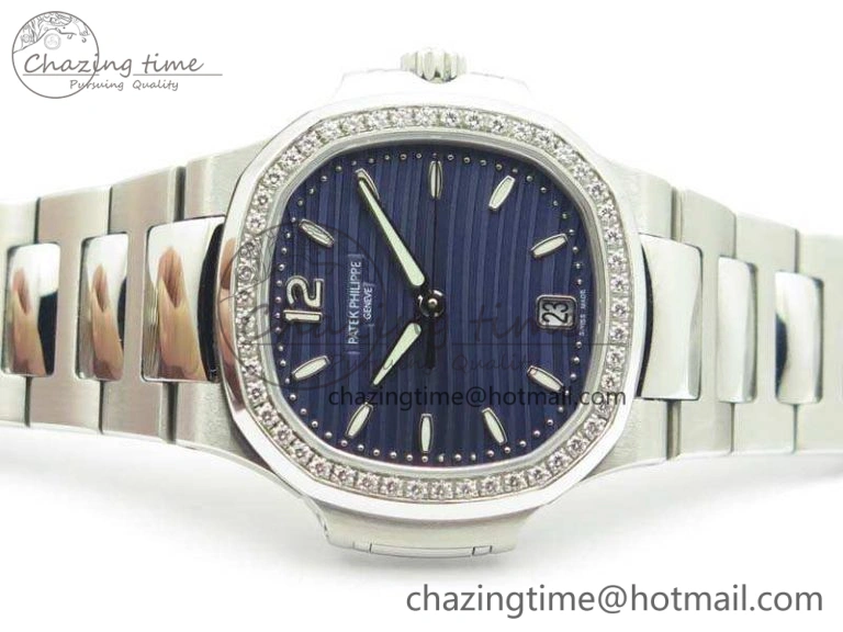 Vibrant Nautilus Jumbo Ladies 7018 PF 1:1 Best Edition Blue Dial Diam Bezel On SS Bracelet A324 Clone 9028