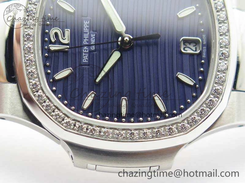 Vibrant Nautilus Jumbo Ladies 7018 PF 1:1 Best Edition Blue Dial Diam Bezel On SS Bracelet A324 Clone 9028