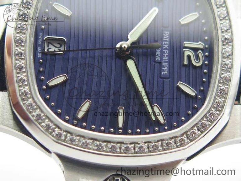 Vibrant Nautilus Jumbo Ladies 7018 PF 1:1 Best Edition Blue Dial Diam Bezel On SS Bracelet A324 Clone 9028