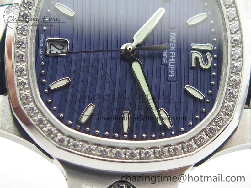 Vibrant Nautilus Jumbo Ladies 7018 PF 1:1 Best Edition Blue Dial Diam Bezel On SS Bracelet A324 Clone 9028