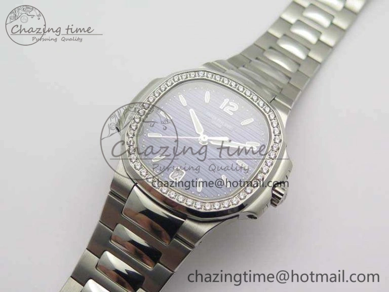 Vibrant Nautilus Jumbo Ladies 7018 PF 1:1 Best Edition Blue Dial Diam Bezel On SS Bracelet A324 Clone 9028
