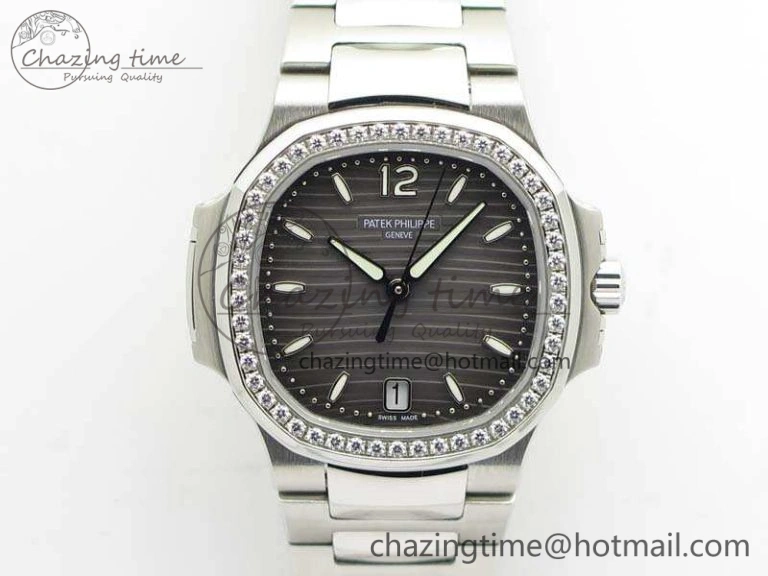 Nautilus Jumbo Ladies 7018 PF 1:1 Best Edition Gray Dial Diam Bezel On SS Bracelet A324 Clone EyeCatching 9031