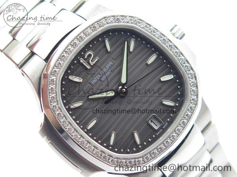 Nautilus Jumbo Ladies 7018 PF 1:1 Best Edition Gray Dial Diam Bezel On SS Bracelet A324 Clone EyeCatching 9031