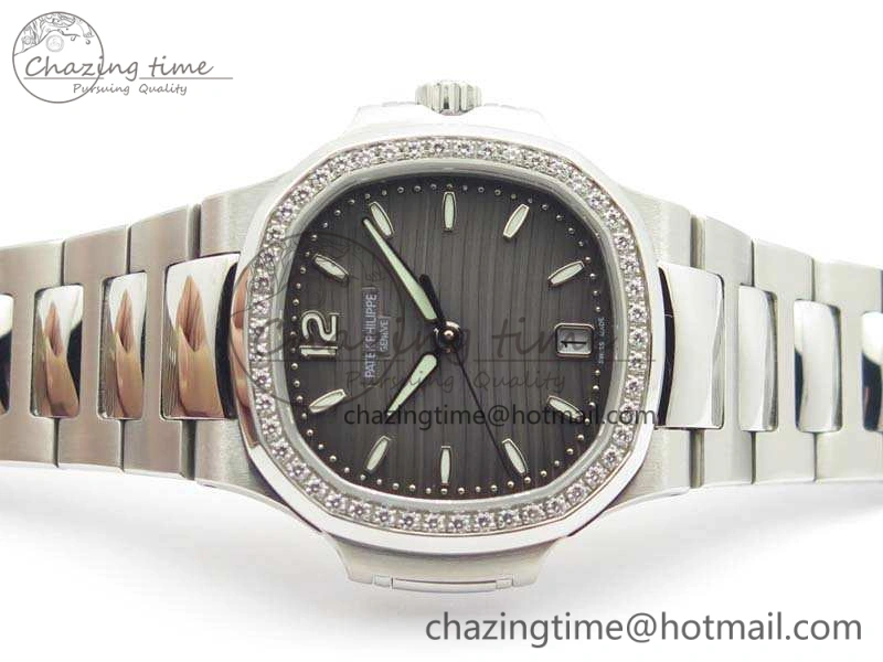 Nautilus Jumbo Ladies 7018 PF 1:1 Best Edition Gray Dial Diam Bezel On SS Bracelet A324 Clone EyeCatching 9031