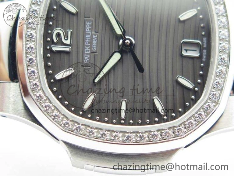 Nautilus Jumbo Ladies 7018 PF 1:1 Best Edition Gray Dial Diam Bezel On SS Bracelet A324 Clone EyeCatching 9031