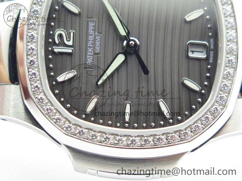 Nautilus Jumbo Ladies 7018 PF 1:1 Best Edition Gray Dial Diam Bezel On SS Bracelet A324 Clone EyeCatching 9031