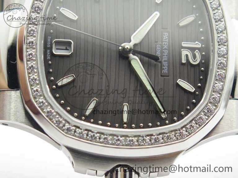Nautilus Jumbo Ladies 7018 PF 1:1 Best Edition Gray Dial Diam Bezel On SS Bracelet A324 Clone EyeCatching 9031
