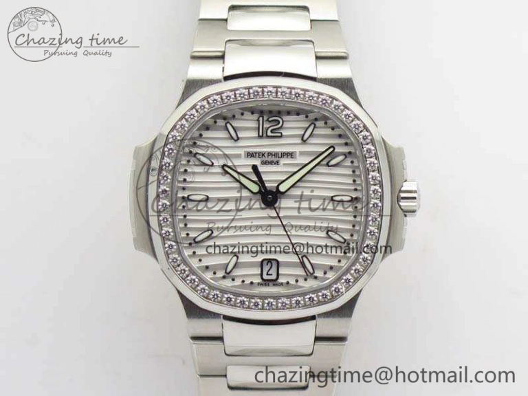 Lightweight Nautilus Jumbo Ladies 7018 PF 1:1 Best Edition White Dial Diam Bezel On SS Bracelet A324 Clone 9027
