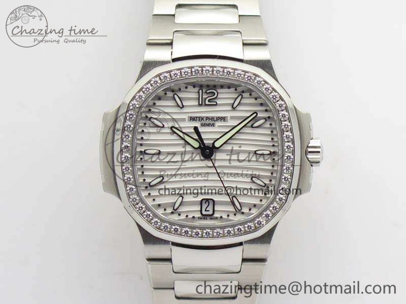 Lightweight Nautilus Jumbo Ladies 7018 PF 1:1 Best Edition White Dial Diam Bezel On SS Bracelet A324 Clone 9027