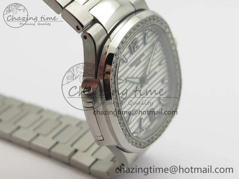 Lightweight Nautilus Jumbo Ladies 7018 PF 1:1 Best Edition White Dial Diam Bezel On SS Bracelet A324 Clone 9027