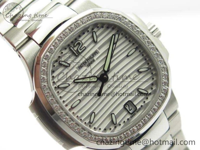 Lightweight Nautilus Jumbo Ladies 7018 PF 1:1 Best Edition White Dial Diam Bezel On SS Bracelet A324 Clone 9027