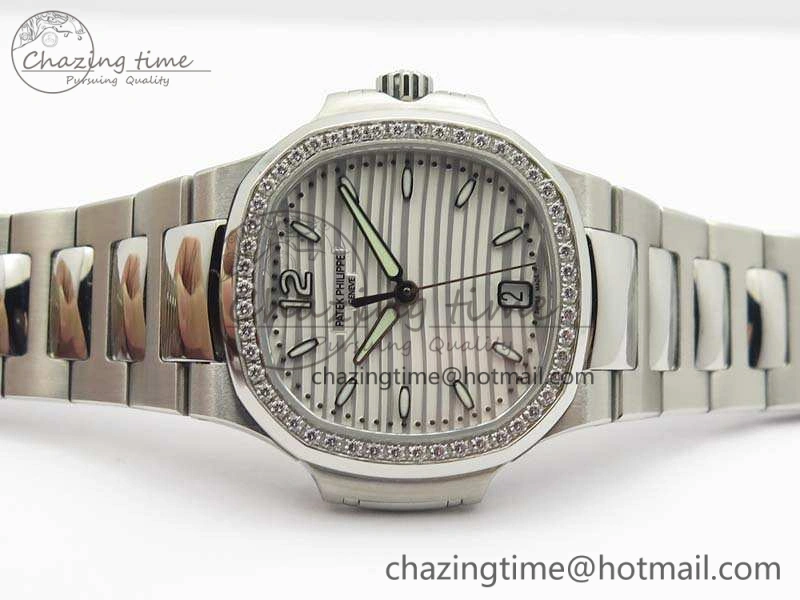 Lightweight Nautilus Jumbo Ladies 7018 PF 1:1 Best Edition White Dial Diam Bezel On SS Bracelet A324 Clone 9027