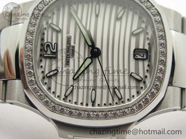 Lightweight Nautilus Jumbo Ladies 7018 PF 1:1 Best Edition White Dial Diam Bezel On SS Bracelet A324 Clone 9027