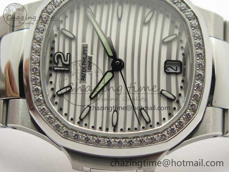 Lightweight Nautilus Jumbo Ladies 7018 PF 1:1 Best Edition White Dial Diam Bezel On SS Bracelet A324 Clone 9027