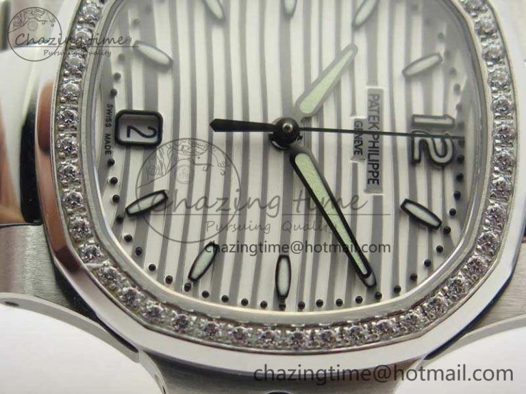 Lightweight Nautilus Jumbo Ladies 7018 PF 1:1 Best Edition White Dial Diam Bezel On SS Bracelet A324 Clone 9027