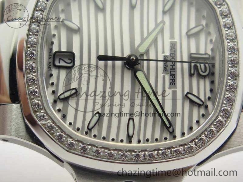 Lightweight Nautilus Jumbo Ladies 7018 PF 1:1 Best Edition White Dial Diam Bezel On SS Bracelet A324 Clone 9027