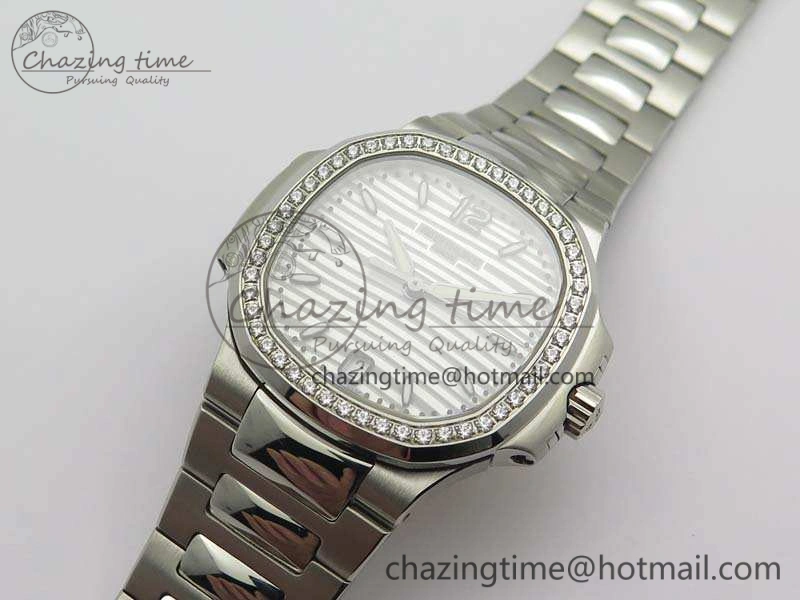 Lightweight Nautilus Jumbo Ladies 7018 PF 1:1 Best Edition White Dial Diam Bezel On SS Bracelet A324 Clone 9027