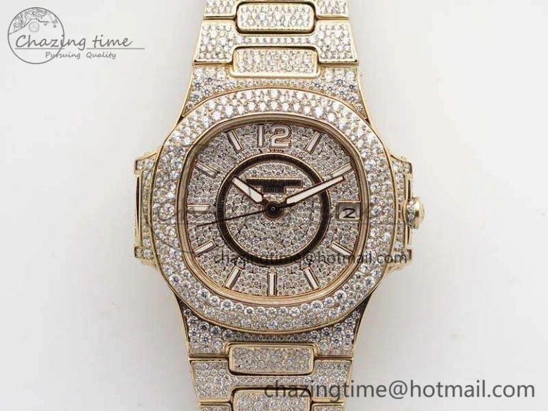 Nautilus Jumbo Ladies 7021 RG Full Paved Diamonds On Diamonds Plated RG Bracelet MIYOTA Vibrant 9043