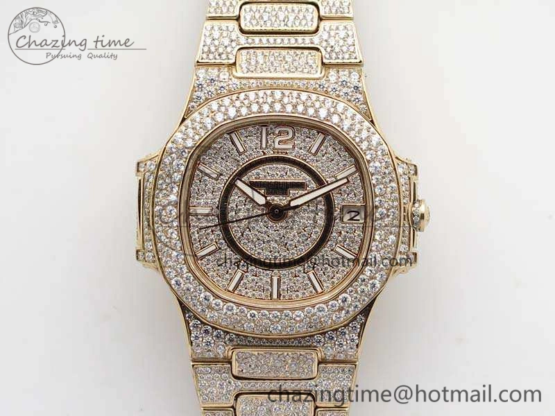 Nautilus Jumbo Ladies 7021 RG Full Paved Diamonds On Diamonds Plated RG Bracelet MIYOTA Vibrant 9043