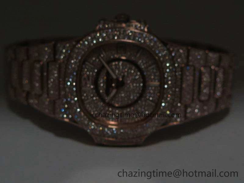 Nautilus Jumbo Ladies 7021 RG Full Paved Diamonds On Diamonds Plated RG Bracelet MIYOTA Vibrant 9043