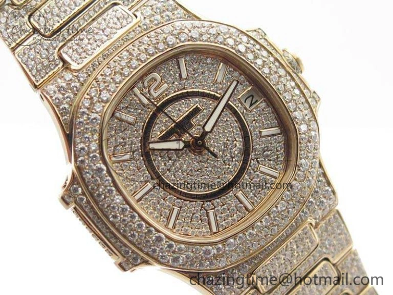 Nautilus Jumbo Ladies 7021 RG Full Paved Diamonds On Diamonds Plated RG Bracelet MIYOTA Vibrant 9043