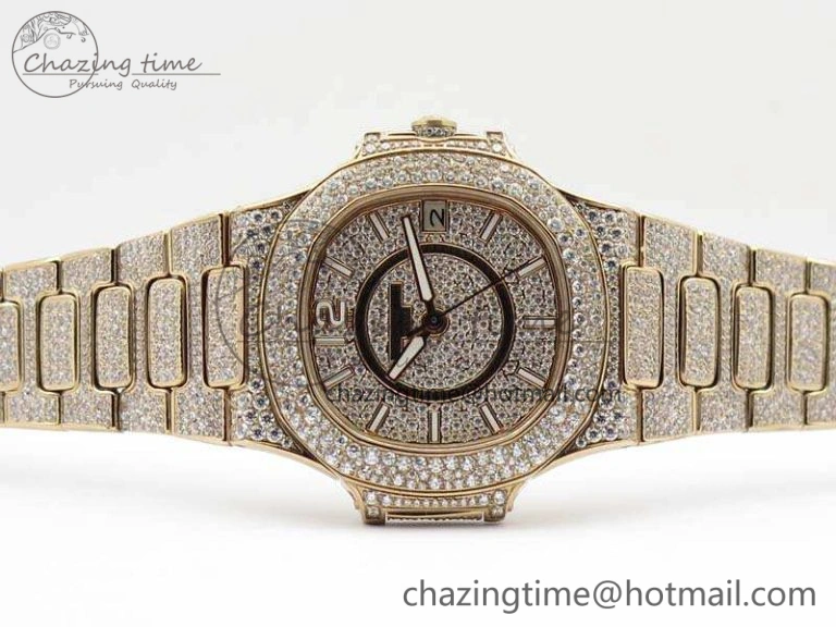 Nautilus Jumbo Ladies 7021 RG Full Paved Diamonds On Diamonds Plated RG Bracelet MIYOTA Vibrant 9043