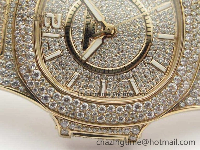 Nautilus Jumbo Ladies 7021 RG Full Paved Diamonds On Diamonds Plated RG Bracelet MIYOTA Vibrant 9043