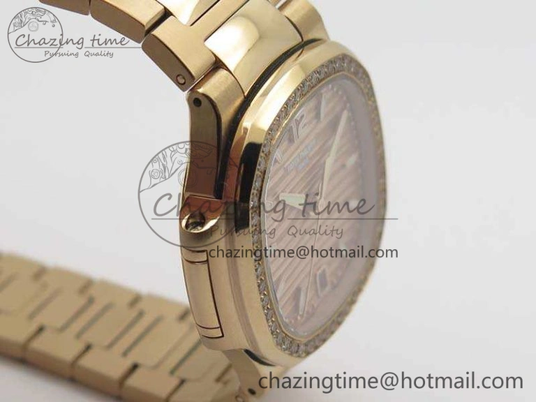Nautilus Jumbo Ladies 7118 RG PF 1:1 Best Edition Gold Dial Diam Bezel On RG Bracelet A324 Clone WrinkleFree 9032