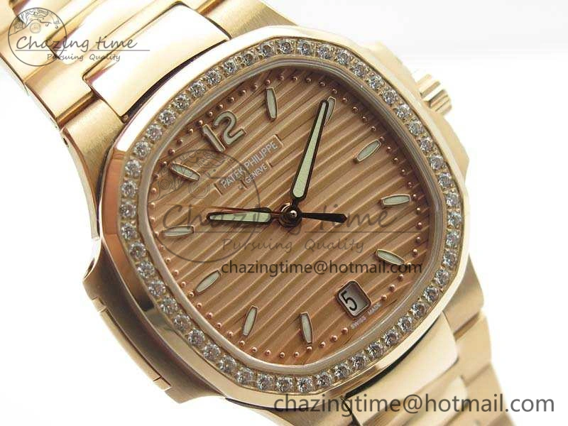 Nautilus Jumbo Ladies 7118 RG PF 1:1 Best Edition Gold Dial Diam Bezel On RG Bracelet A324 Clone WrinkleFree 9032