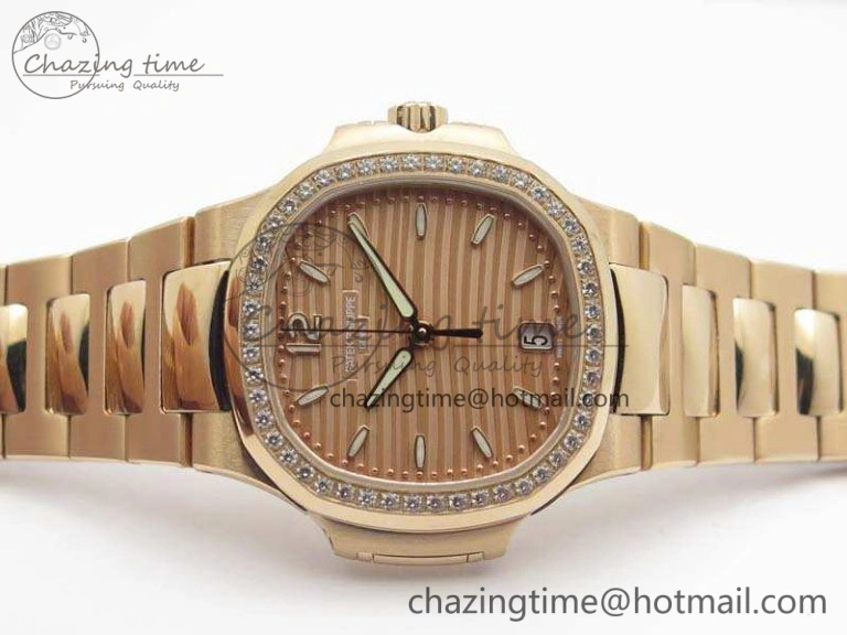 Nautilus Jumbo Ladies 7118 RG PF 1:1 Best Edition Gold Dial Diam Bezel On RG Bracelet A324 Clone WrinkleFree 9032