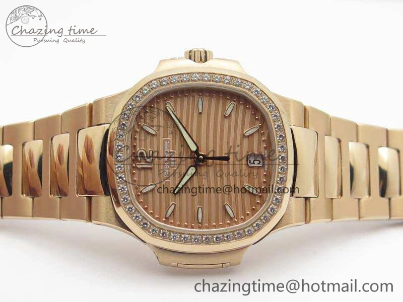 Nautilus Jumbo Ladies 7118 RG PF 1:1 Best Edition Gold Dial Diam Bezel On RG Bracelet A324 Clone WrinkleFree 9032