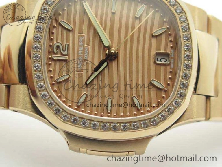 Nautilus Jumbo Ladies 7118 RG PF 1:1 Best Edition Gold Dial Diam Bezel On RG Bracelet A324 Clone WrinkleFree 9032