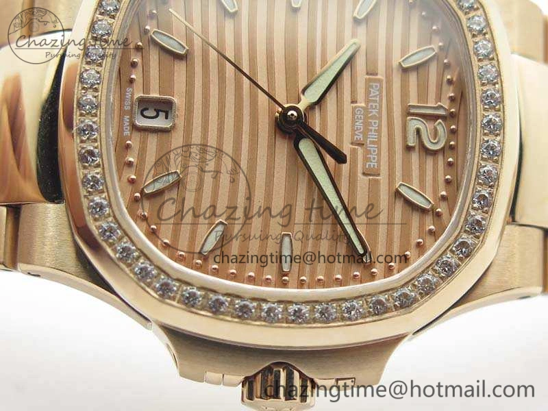 Nautilus Jumbo Ladies 7118 RG PF 1:1 Best Edition Gold Dial Diam Bezel On RG Bracelet A324 Clone WrinkleFree 9032