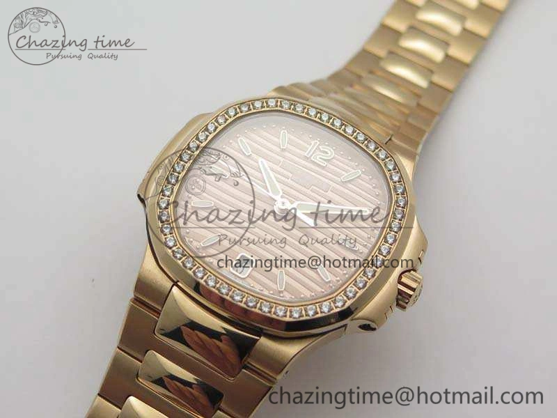 Nautilus Jumbo Ladies 7118 RG PF 1:1 Best Edition Gold Dial Diam Bezel On RG Bracelet A324 Clone WrinkleFree 9032