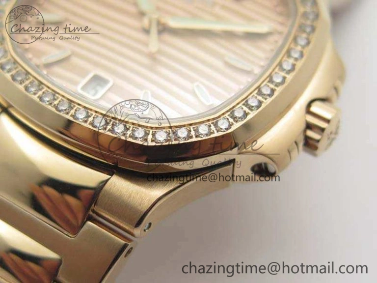 Nautilus Jumbo Ladies 7118 RG PF 1:1 Best Edition Gold Dial Diam Bezel On RG Bracelet A324 Clone WrinkleFree 9032